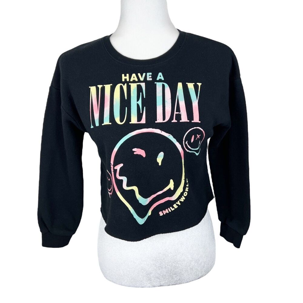 Smiley World Sweater Youth Medium 8 Black Pullover Crew Neck Nice Day Emoji Kids